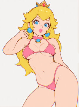 1girls arm_behind_back big_breasts bikini bikini_bottom bikini_top blonde_hair blue_eyes bra breasts busty child_bearing_hips clothing crown eyelashes female female_only hourglass_figure human large_breasts light-skinned_female light_skin lipstick long_hair looking_at_viewer mario_(series) mature mature_female mewmirth navel nintendo panties pink_bikini pink_bikini_bottom pink_bikini_top pink_lipstick princess princess_peach royalty solo solo_female thong_bikini voluptuous voluptuous_female white_background