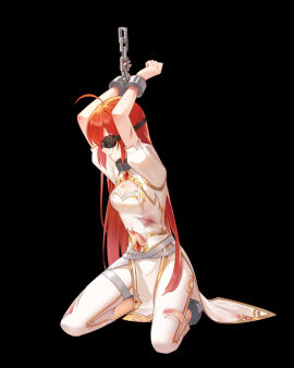 absurdres ahoge black_background black_blindfold blindfold bondage breasts cleavage_cutout clothing_cutout collar cuffs dress female handcuffs highres injury kneeling long_hair original peril red_hair restrained shackles short_sleeves side_slit sitting slave small_breasts torn_clothes very_long_hair white_dress zozo5055