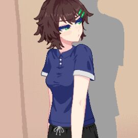 1girls 2d animated belly_button blue_shirt blush breast_grab breast_press breast_squeeze breasts breasts_out brown_hair female from_behind furumero ghost_hands grabbing_from_behind green_eyes groping groping_breasts hair_ornament hairclip hanekenomichi-chan hurumero nipples no_bra no_sex oc original pixel_animation pixel_art playing_with_breasts pointy_breasts pulling_clothing pulling_up_shirt short_hair ugoira