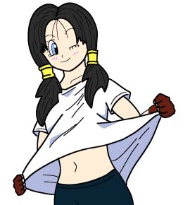 1girls artist_request black_hair black_shorts blue_eyes blush dragon_ball dragon_ball_z female fingerless_gloves hair_ornament shirt_lift shorts smile solo tagme tagme_(artist) twintails videl