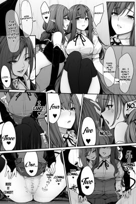 2girls 8koma about_to_pee ass bar_censor breasts censored clothes clothes_lift demon doujinshi english_text female forced_spreading_legs hair hair_ornament have_to_pee imminent_peeing kokomachi long_hair no_panties original original_character pointy_ears pussy school_uniform skirt skirt_lift speech_bubble spread_legs succubus sweat thighhighs yuri