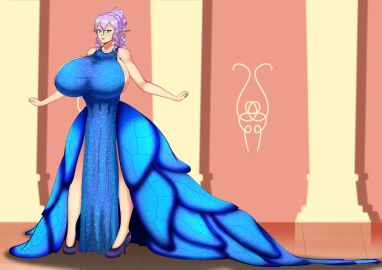 1girls bare_shoulders blue_dress blue_eyes breasts breasts_bigger_than_head clothed clothing curvy dress female female_focus high_heels hourglass_figure huge_breasts inside looking_at_viewer original original_character pointy_ears ponytail purple_hair slim_waist sparkling_dress standing thick_thighs thighs thin_waist timaeus vega_(timaeus) wide_hips