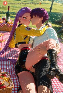 1boy ai_generated black_shorts blush boots braid earrings female fingerhotpepper jewelry long_hair penis purple_hair pussy sex straight vaginal_penetration