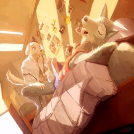 anthro anthro_on_anthro balls beastars bird_dog black_nose bodily_fluids bottomwear canid canine canis clothed clothing domestic_dog drooling duo erection fangs fur genitals grey_body grey_fur hi_res hunting_dog jack_(beastars) labrador legoshi_(beastars) male male/male mammal navel open_clothing open_shirt open_topwear penis retriever saliva shirt shorts sidekick sleeping tail tan_body tan_fur tank_top teeth tongue tongue_out topwear wolf