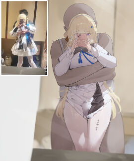 1boy bald blonde_hair bottomless cellphone claws dark-skinned_male dark_skin dress female heart highres holding holding_phone hug hug_from_behind long_hair long_sleeves male phoebe_(wuthering_waves) phone photo-referenced purple_eyes reflection selfie shirt smartphone standing tank_top thigh_sex white_dress white_shirt white_tank_top wuthering_waves xaea_xp