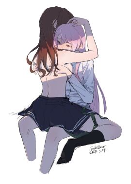 2girls anklehighs arms_around_partner artist_name artist_signature bang_dream! bang_dream!_it's_mygo!!!!! blue_eyes breasts brown_hair chihaya_anon color comfort_zoner dated dyed_hair female fully_clothed hand_on_another's_head kneeling lighting long_hair nagasaki_soyo partially_clothed pink_hair school_uniform sideboob sitting skirt straddling topless unseen_female_face watermark white_background white_shirt yuri