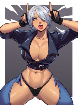 abs ahe_gao ahegao_face angel_(kof) ass big_breasts black_thong breasts cleavage female gloves hands_on_head jacket king_of_fighters light-skinned_female light_skin open_clothes open_legs open_mouth short_hair skullworms thick thick_ass thong tongue tongue_out white_hair