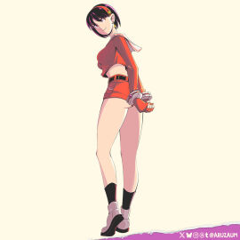 1girls aru_barros aruzaum athena_asamiya big_ass big_breasts brown_eyes female from_behind gloves hairband jacket king_of_fighters large_breasts light-skinned_female light_skin looking_back pale_skin pants purple_hair shoes short_hair shorts smiling socks standing star star_(symbol) thick_thighs thighs