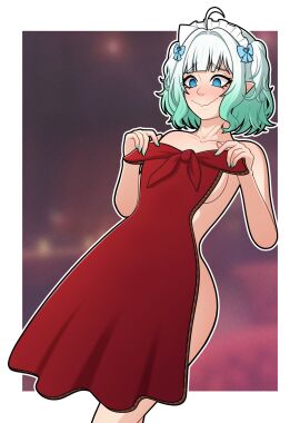 1girls big_breasts blue_eyes breasts cardboard cardboard_cutout female female_focus female_only green_hair green_nails indie_virtual_youtuber light-skinned_female light_skin maid maid_headdress mint_fantome multicolored_hair naked nervous_smile nude nude_female pointy_ears red_dress solo unholyspicy virtual_youtuber white_hair