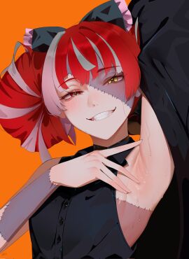 aou13093 arm_up armpit_focus armpits bare_shoulders black_jacket black_shirt blush bow colored_skin commentary commission corrupted_twitter_file dated double_bun english_commentary female flat_chest grey_hair grey_skin grin hair_bun hairbow heterochromia highres hololive hololive_indonesia hololive_indonesia_holoro jacket kureiji_ollie long_hair looking_at_viewer multicolored_hair multicolored_skin orange_background patchwork_skin red_eyes red_hair second-party_source shirt signature simple_background sleeveless sleeveless_shirt smile solo spread_armpit stitched_arm stitched_face stitched_torso stitches sweat symbol-shaped_pupils two-tone_skin upper_body virtual_youtuber x-shaped_pupils yellow_eyes zombie