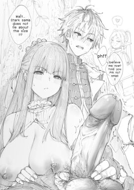 1boy 1girls balls big_breasts big_penis breasts breasts_out cum cum_outside female female_focus fern_(sousou_no_frieren) fkscrashing frieren frieren_beyond_journey's_end holding holding_object holding_penis long_hair looking_at_viewer magic magic_user magical_girl male masturbation micro nipples open_clothes open_shirt penis pubic_hair shame shirt_pulled_down shoulder_length_hair shoulders sitting sousou_no_frieren stark_(sousou_no_frieren) touching_head unbuttoned unbuttoned_shirt