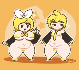 1boy 1girls annoyed bikini blonde_hair both_sexes_in_same_situation bow bowtie bulge chibi crossdressing_male embarrassed erotic_chibi female femboy hair_ornament hairpin kagamine_len kagamine_rin male micro_bikini mob_face navel octotron2000 penis plump self_upload shoes short_hair sleeves small_penis thick_thighs thong tie twins vocaloid wide_hips