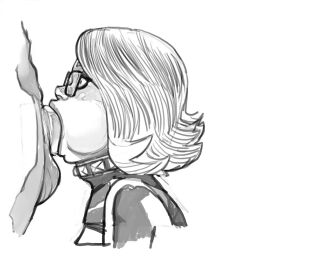 animated animated_gif balls drooling fellatio female glasses huge_cock jjfrenchie joelle_(jjfrenchie) male monochrome oral penis sucking sucking_penis