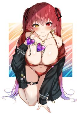absurdres big_breasts bikini black_jacket blush border breast_focus breasts breasts_day cleavage cleavage_overflow collarbone earrings female full_body good_breasts_day heart heart-shaped_eyewear heart_earrings heart_pendant heterochromia highres hololive hololive_fantasy hololive_japan houshou_marine houshou_marine_(summer) jacket jewelry kneeling large_breasts long_hair looking_at_viewer navel okibari_yasu purple-tinted_eyewear red_bikini red_eyes red_hair single_bare_shoulder single_off_shoulder single_tear solo sunglasses swimsuit tinted_eyewear twintails virtual_youtuber white_border yellow_eyes