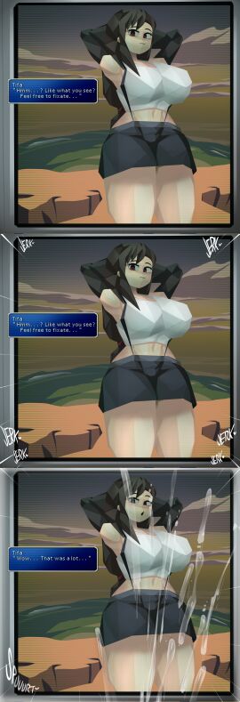 1girls armpits arms_up big_breasts black_hair breasts busty captain_kirb captain_kirb_(sfw) clothing cum cum_tribute cumshot female female_only final_fantasy final_fantasy_vii hands_behind_head huge_breasts large_breasts looking_at_viewer low_poly low_poly_tifa masturbation png polygon polygonal ps1_artstyle red_eyes retro_artstyle solo talking_to_viewer text text_box thick_thighs tifa_lockhart wide_hips