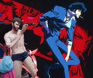 brown_hair cowboy_bebop jorts light_skin sage sage_suede spike_spiegel suede topless