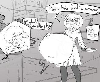 1boy 1girls belly big_belly cute_pred female female_pred male marvel marvel_comics miles_morales monochrome peni_parker smile spider-man:_across_the_spider-verse spider-man_(series) theboxofpizza_(artist) vore vore_belly