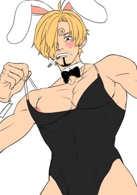 1boy black_leotard blonde_hair blush cigarette crossdressing curly_eyebrows facial_hair hair_over_one_eye leotard male male_only male_playboy_bunny masculine_crossdresser mouth_hold nipples one_piece pectorals post-timeskip rabbit_ears ritayaart1 short_hair solo sweatdrop teeth thighs toned toned_male vinsmoke_sanji wrist_cuffs