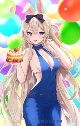 1girls :d animal_ears balloon bangs bare_shoulders blonde_hair blue_dress blue_eyes blue_ribbon blush breasts bunny_ears bunny_girl cake cherry cleavage cowboy_shot dress eyebrows_visible_through_hair female food fruit hair_between_eyes hair_ribbon halter_dress heart holding long_hair looking_at_viewer medium_breasts one_side_up open_mouth purple_eyes ribbon scarf sleeveless small_breasts smile solo standing strawberry tongue tongue_out very_long_hair virtual_youtuber vyugen yenko
