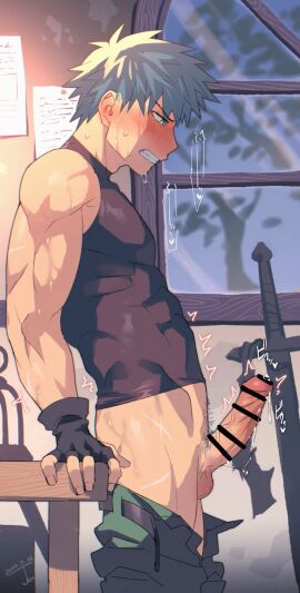 1boy balls bar_censor black_gloves blue_eyes blush censored clenched_teeth clothes_pull commentary_request dated erection fingerless_gloves from_side gloves green_pants grey_hair highres male male_focus male_pubic_hair muscular muscular_male original pants pants_pull penis precum profile pubic_hair sagami_jon short_hair signature solo sweat sword table teeth testicles weapon window