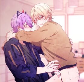 2boys cat_ears caught caught_cumming caught_in_the_act caught_masturbating clothed gay kamishiro_rui male male_focus male_only project_sekai public public_masturbation public_sex ruikasa tenma_tsukasa