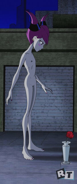 1girls 2d blush city cityscape dark detailed_background earrings edit edited_official_artwork female female_only flat_chest floor flower garage_door jinx-wuz-here jinx_(dc) ladder_piercing light-skinned_female light_skin looking_down naked night nude nude_female nude_in_public outdoors pale-skinned_female pale_skin pink_hair pink_nails red_flower signature sky solo teen_titans teenage_female teenager text true_flat_chest vase