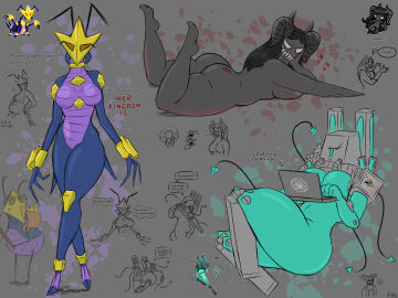 3girls ant antennae anthro armor ass big_ass black_hair breasts claws collar cyan_body demon demon_girl facrec female grey_background hi_res holding_breast horns insect_girl insects long_tongue looking_at_viewer lying mask matriarch_(voidigo) mindflayer_(ultrakill) multicolored_body petite pregnant robot robot_girl scalie sharp_teeth sketch_page tattoo text text_bubble the_binding_of_isaac the_siren_(the_binding_of_isaac) thick_thighs ultrakill voidigo white_eyes wide_hips