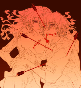 1boy arrow_(projectile) arrow_in_body arrow_in_head bags_under_eyes big_breasts bleeding blood_from_mouth blood_on_chest bottomless breasts breasts_apart chinese_commentary commentary_request cum cum_on_body female gradient_background hair_over_eyes hair_spread_out hand_on_another's_head highres hitomi_hirosuke_(sayonara_wo_oshiete) holding_hands injury interlocked_fingers large_breasts long_hair looking_at_another lying male multiple_scars object_through_head on_side open_clothes open_shirt out-of-frame_censoring red_background red_eyes red_theme robe sayonara_wo_oshiete scar scar_on_arm self-harm_scar short_hair ueno_koyori upper_body yanquan_shui_bu_xing