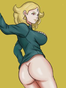 1girls ass ass_cheeks ass_crack ass_focus bare_ass blonde_hair boruto:_naruto_next_generations breasts butt_crack cleavage clothed clothed_female cyborg delta_(boruto) earrings female female_only forehead_mark from_behind green_shirt hand_on_hip looking_at_viewer looking_back looking_over_shoulder naruto naruto_(series) pink_eyes shirt_only showing_ass sideboob solo_female thick_ass thick_thighs thighs yellow_lipstick