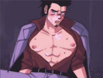black_hair blush clothed cum_in_mouth cum_on_chest devilkokonatsu facial_hair implied_oral kiryu_kazuma looking_at_viewer male male_focus male_only muscular muscular_male open_shirt pectorals pink_nipples retro_artstyle sega sitting sweat yakuza_(series)