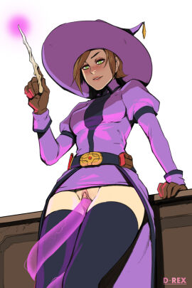 1girls belt black_belt black_thighhighs blush brown_gloves brown_hair clothed_sex clothing commission consensual_tentacles d-rex desk dress dress_lift female gloves green_eyes hat highres holding holding_wand juliet_sleeves legs_together long_sleeves looking_at_viewer magic no_panties original penetration pink_dress pink_headwear pink_tentacles pouch puffy_sleeves pussy short_hair solo summoning teeth tentacle tentacle_in_pussy tentacle_sex thighhighs translucent_tentacles vaginal_penetration wand white_background wide_hips witch witch_hat zettai_ryouiki