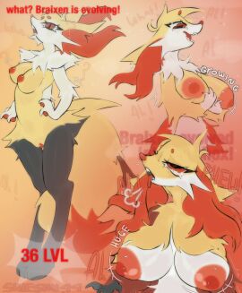 1girls anthro areola big_breasts big_nipples big_tail braixen breast_expansion breast_growth breast_growth_(enlargement) breasts chest_tuft delphox ear_tuft evolving eye_roll female fluffy fluffy_tail fox fox_girl fur generation_6_pokemon genitals gradient_background growing growth half-closed_eyes hi_res huge_breasts huge_nipples humanoid_genitalia inner_ear_fluff moan multicolored_body multicolored_fur narrowed_eyes neck_tuft nintendo nipples nude orange_nipples orange_pussy pokemon pokemon_(species) pussy shieshuqqq simple_background solo stick_in_tail tail tired tired_eyes tongue tongue_out transformation tuft vixen yellow_body yellow_fur