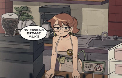 angry apron apron_only cafe coffee julie_powers scott_pilgrim scott_pilgrim_takes_off speech_bubble tagme