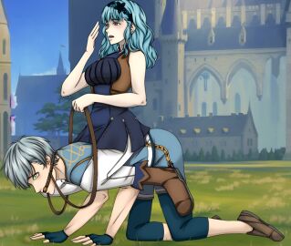 1boy 1girls all_fours alternate_costume alternate_hairstyle ashe_ubert bdsm bit_gag blue_hair breasts bridle female femdom fire_emblem fire_emblem:_three_houses fire_emblem_warriors:_three_hopes gag gagged horseback_riding large_breasts male malesub marianne_von_edmund neith15 nintendo official_alternate_hairstyle outdoors petplay ponyplay reins riding roleplay sitting sitting_on_person yawn
