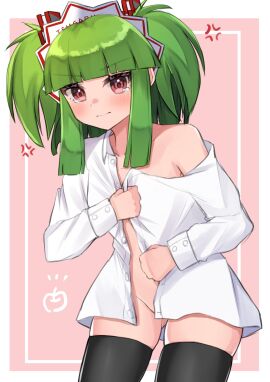 anger_vein angry beatmania beatmania_iidx black_thighhighs blush center_opening closed_mouth collared_shirt convenient_censoring covering flat_chest gluteal_fold green_hair hishimiya_tsugaru looking_at_viewer naked_shirt pink_eyes tears thighhighs