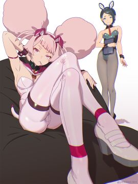 2girls absurdres animal_ears arm_behind_head armpits ass bare_shoulders black_hair black_pantyhose blue_eyes breasts candy chuatury_panlunch cleavage crossed_legs detached_collar diagonal_bangs double_bun fake_animal_ears female food grin gundam gundam_suisei_no_majo hair_bun high_heels highres large_breasts leotard lollipop looking_at_viewer multiple_females multiple_girls necktie nika_nanaura pantyhose pink_eyes pink_hair playboy_bunny rabbit_ears sailor_collar short_hair simple_background sitting smile tail white_background white_footwear wire yonezawa_mao