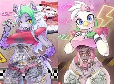 2girls artist_request ass big_ass big_breasts big_butt big_thighs breasts chica_(fnaf) female female_only five_nights_at_freddy's fnaf furry furry_only low_quality robot roxanne_wolf_(fnaf) tagme thighs