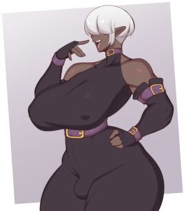 1futa bare_shoulders big_breasts breasts breasts_bigger_than_head bulge clothed clothed_futa clothing dark-skinned_futa dark_skin elf fingerless_gloves frowntown fully_clothed futa_only futanari gloves hair_over_eyes hands_on_hips hips hourglass_figure huge_breasts humanoid intersex mommy penis penis_bulge sharp_ears short_hair solo solo_futa standing white_hair