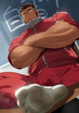 1boy absol_(dkqthf) angry arm_hair bara beard beefy big_bulge big_penis black_eyes blackboard bulge bulge_through_clothing classroom crossed_arms daddy dark_skin dilf dirty_socks dutch_angle foot_fetish foot_focus foot_on_table frown fully_clothed gay genital_outline hi_res huge_cock hunk indoors jacket looking_at_viewer male male_only maou_abusorun masculine_male mature_male muscles muscular muscular_arms muscular_male musk musk_clouds musky_feet offscreen_character original original_character p.e._teacher penis sanpaku shaved_side short_hair sideburns sitting small_pupils smell smelly smelly_feet socks spiky_hair teacher thick_arms thick_eyebrows thick_penis tough_guy white_socks yaoi zipper