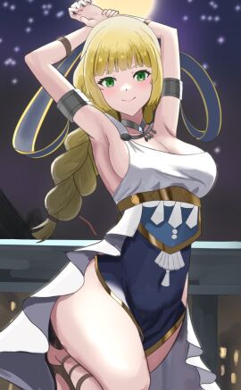 1girls arms_up blonde_hair breasts cleavage dancer dancer_outfit dancing female fire_emblem fire_emblem:_three_houses green_eyes ingrid_brandl_galatea looking_at_viewer medium_breasts nintendo smile tarutaru193 thighs