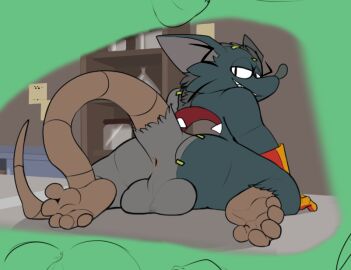 alexclimax anthro anus ass backsack balls ballsack clothing ear_piercing ear_tag fur genitals gloves grey_body grey_fur handwear looking_back mad_rat_(mad_rat_dead) mad_rat_dead male mammal murid murine nippon_ichi_software piercing presenting presenting_anus rat rodent seam_(sewing) solo