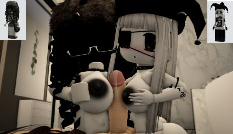 1girls 2girls black_eyes black_hair black_nipples black_skirt breastjob breasts cum dick eye_patch glasses grabbing_own_breast headless long_hair looking_at_viewer naked open_clothes open_shirt pov_male precum request roblox roblox_avatar robloxian room suit titjob white_body white_hair