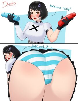 1girls alternate_version_available ass ass_shot big_ass black_hair black_skirt bottomwear breasts brown_eyes dandery dildo ear_piercing earrings english english_text evie_(fortnite) female female_only fortnite hair_ornament hoop_earrings huge_ass lips lipstick looking_back panties red_lips red_lipstick short_hair skirt solo solo_female striped_panties text thick_lips thighs