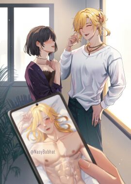 1boy 1other abs after_sex ambiguous_gender artist_name black_dress black_jacket black_pants blonde_hair brown_hair cellphone closed_eyes cum dress female genshin_impact hair_between_eyes hair_ornament hairclip highres holding holding_phone jacket jewelry kaveh_(genshin_impact) long_hair long_sleeves lying male male_focus muscular muscular_male nasybabhat necklace nipples open_mouth pants phone red_eyes shirt short_hair smartphone smile twitter_username white_shirt x_hair_ornament