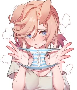 animal_ears blue_eyes breasts casual cleavage closed_mouth collarbone commentary_request cum cum_on_clothes cum_on_panties eucalyptus_(zrnf5228) female holding holding_clothes horse_ears horse_girl light_brown_hair low_twintails medium_breasts panties presenting_removed_panties presenting_underwear short_twintails showing_panties simple_background strawberry_blonde_hair sweat twintails umamusume underwear venus_paques_(umamusume) venus_park_(umamusume) white_background