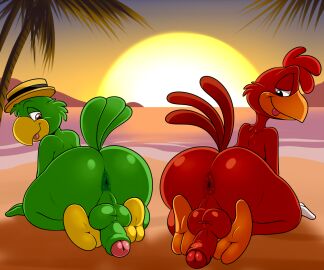 2025 all_fours anthro anus ass avian balls beach beak bird brown_body brown_eyes brown_feathers chicken clothing darkened_anus disney duo feathers foreskin galliform gallus_(genus) genitals green_body green_feathers hat headgear headwear hi_res humanoid_genitalia humanoid_penis jose_carioca lonbluewolf looking_back looking_down male male_only nude panchito_pistoles parrot penis penis_backwards phasianid rear_view sea sunset the_three_caballeros tongue tongue_out uncircumcised water