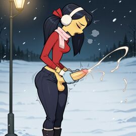 1futa 1girls ai_generated balls black_hair cartoon_network christmas clothed cum cumming_in_snow earmuffs ejaculation fresh_tv futanari going_cum_cum hands_on_penis kitty_(tdi) lamppost masturbating masturbation mittens open_fly penis penis_out scarf snow solo solo_futa teletoon testicles the_ridonculous_race total_drama_island twintails unzipped_pants winter winter_clothes