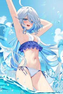 1girls 2024 2d 2d_(artwork) alternate_costume arm_behind_head armpits arms_up belly_button bikini bikini_bottom bikini_top blue_bikini blue_bikini_bottom blue_bikini_top blue_eyes blue_hair blue_swimsuit breasts clouds day female female_focus female_only front_view furina_(genshin_impact) genshin_impact hair_over_one_eye heterochromia high_resolution highres hizukis light-skinned_female light_skin looking_at_viewer medium_breasts navel ocean outdoors sky slim_female smile smiling_at_viewer solo solo_female solo_focus standing standing_in_water summer swimsuit thong thong_bikini two_piece_swimsuit water young younger_female