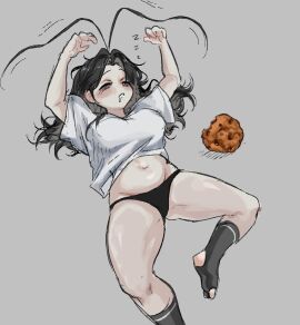 1girls antenna_hair belly black_hair breasts cookie curvy female female_only laying_on_back marblechii medium_breasts messy_hair original original_character panties roach_(marblechii) roach_girl sleeping socks solo thick_thighs