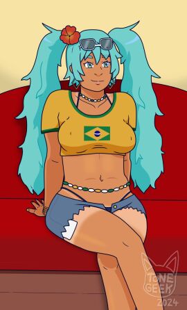 2d 2d_(artwork) bare_midriff bikini blue_eyes bracelet brazil brazilian brazilian_female brazilian_miku breasts busty crop_top daisy_dukes denim_shorts earrings erect_nipples female female_focus female_only flower_in_hair hatsune_miku hourglass_figure jean_shorts long_fingernails long_hair nail_polish navel necklace nipple_bulge nipples pinup pinup_pose short_shorts sitting t-shirt tan tan_body tan_skin tanline toongeek turquoise_hair twintails vocaloid waist_chain wide_hips